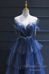 A Line Royal Blue Tulle Beaded Long Senior Semi Formal Prom Dress